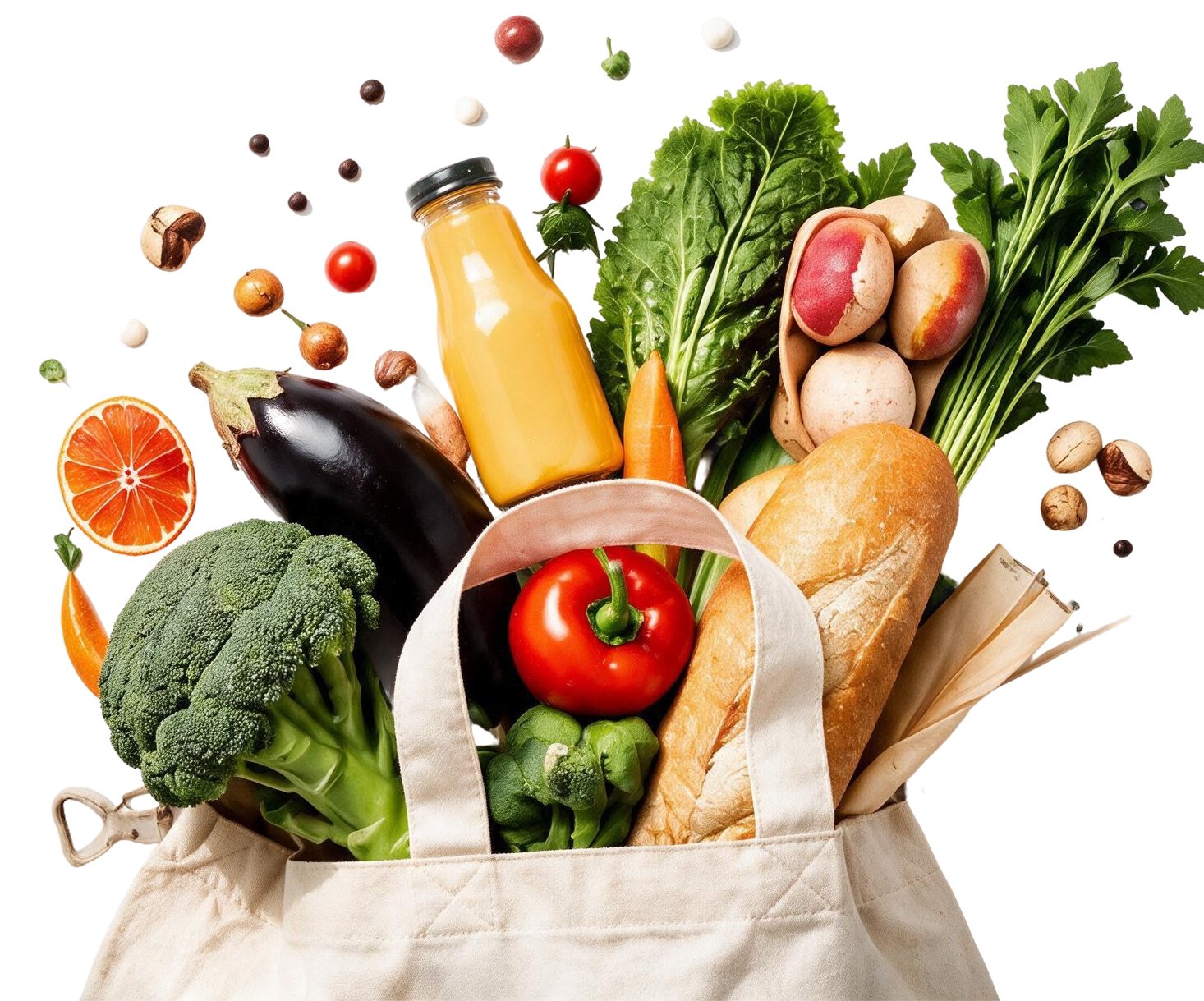 Bolsa de compras con verduras frescas, pan artesanal y jugo natural en Delicias del Parque